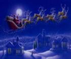 Noel Baba büyülü Noel gecesi uçan ren geyikleri tarafından çekilen bir atlı kızak